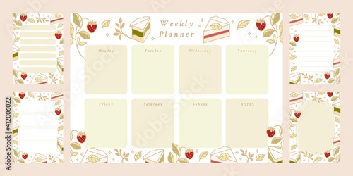 Set of weekly planner, daily to do list, notepad templates, school scheduler with hand drawn cake, floral, and strawberry elements