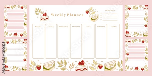 Set of weekly planner, daily to do list, notepad templates, school scheduler with hand drawn cake, floral, and strawberry elements