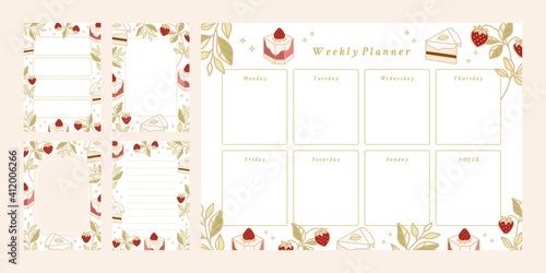 Set of weekly planner, daily to do list, notepad templates, school scheduler with hand drawn cake, floral, and strawberry elements