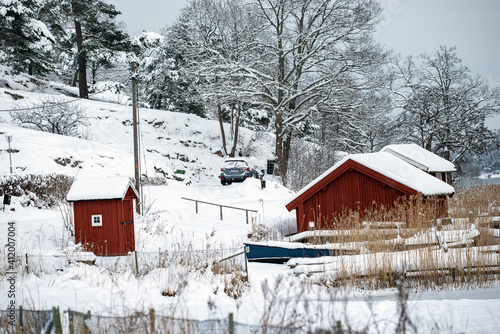 Photography red barn in winter, nacka,sverige,sweden, stockholm