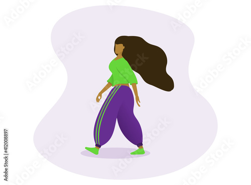 Young beautiful light dark strong woman vector illustration with liquid background long wavy dark brown black hair walking with purple and green outfit