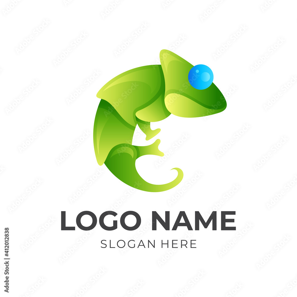 chameleon logo design with 3d green and blue color style chameleon logo design with 3d green and blue color style