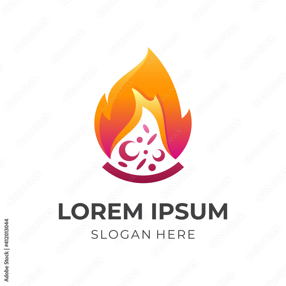 hot pizza logo, pizza and fire, combination logo with 3d red and yellow color style hot pizza logo, pizza and fire, combination logo with 3d red and yellow color style