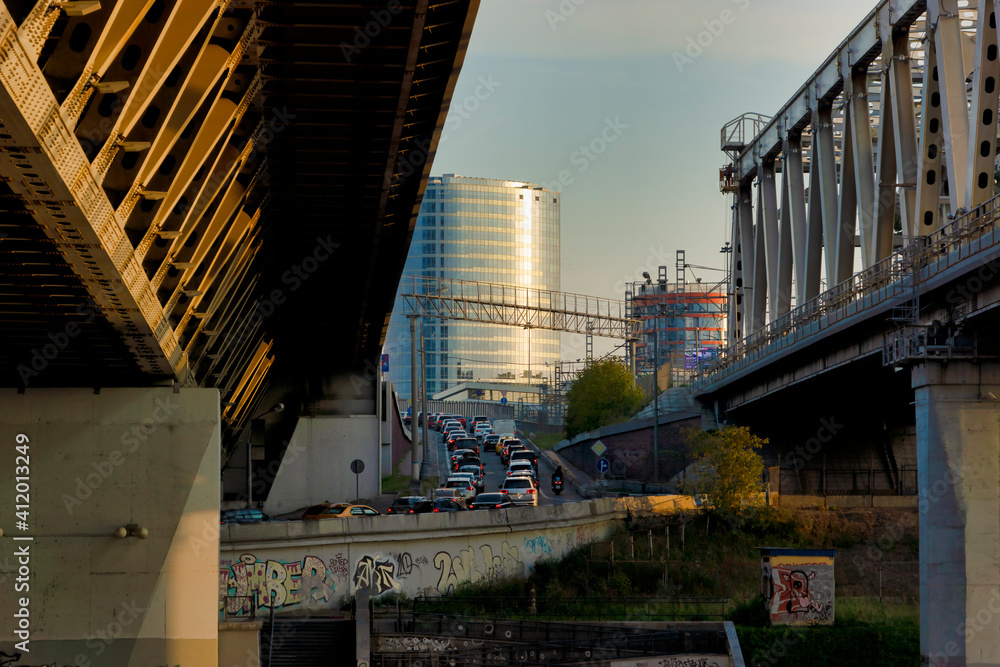 Moscow, Russia - September 12, 2019: bridges over the Moscow river and urban architecture