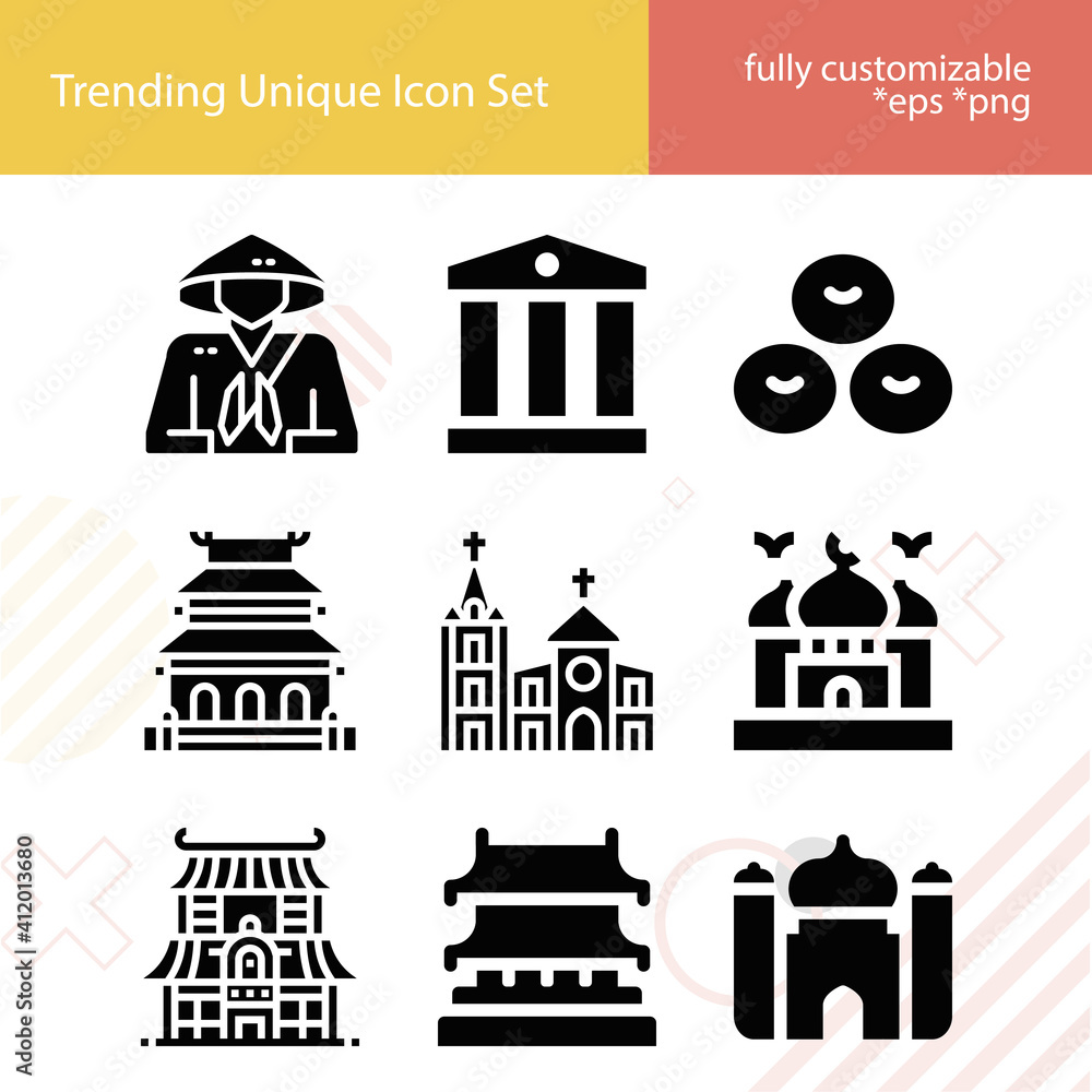 Simple set of monastery related filled icons.