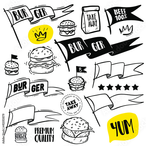 Burgers and fast food items, hand drawn vector set.