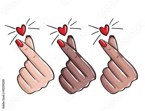 Nails love, manicure like sign. Korean love gesture, emoji  manicure master stickersFemale hand showing love, beauty salon  art
