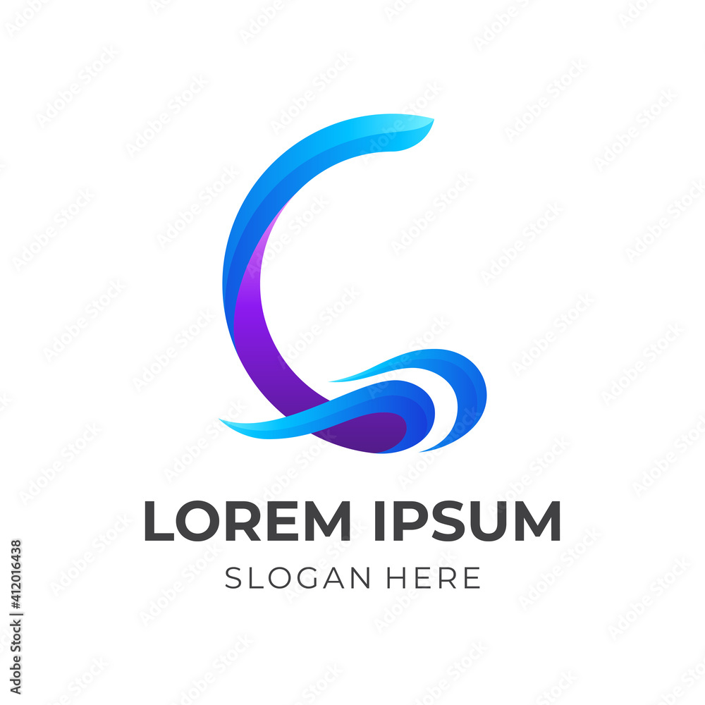 letter C wave logo, letter C and wave, combination logo with 3d blue and purple color style letter C wave logo, letter C and wave, combination logo with 3d blue and purple color style
