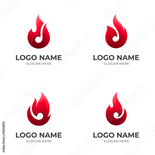 music flame logo, fire and music note, combination logo with 3d red color style
