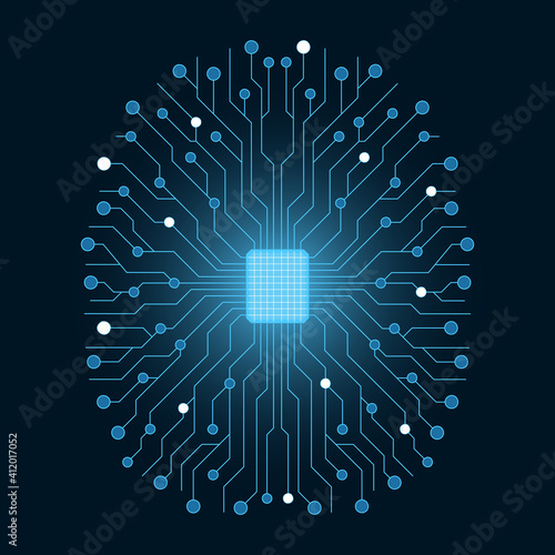 Vector illustration artificial intelligence. Microchip and brain shaped connections.
 photo
