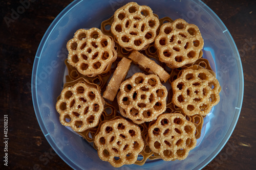 Traditional Malaysian cookies snack known as kuih loyang  for Eid Fitr, Eid Adha and Ramadhan. photo