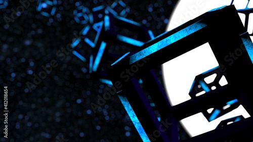 Blue illuminated Hot Iron Cube. Blockchain network technology concept illustration. 3D illustration. 3D high quality rendering. 