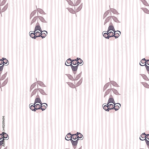 Pastel light tones seamless pattern in doodle style with purple folk flowers elements. Striped background.