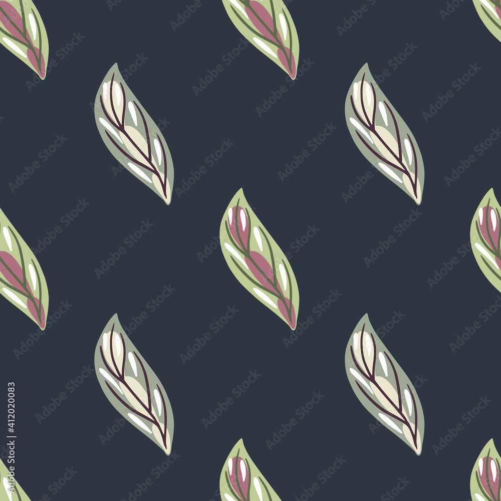 Seamless pattern in minimalistic style with pastel tones leaf silhouettes. Navy blue background. Bloom sketch. Seamless pattern in minimalistic style with pastel tones leaf silhouettes. Navy blue background. Bloom sketch.