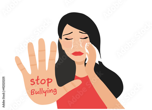 Stop bullying woman concept . Crying and depressed woman with stop bullying hand sign vector illustration. Cyber bullying concept