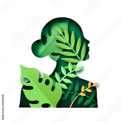 Paper cut green woman nature leaf isolated