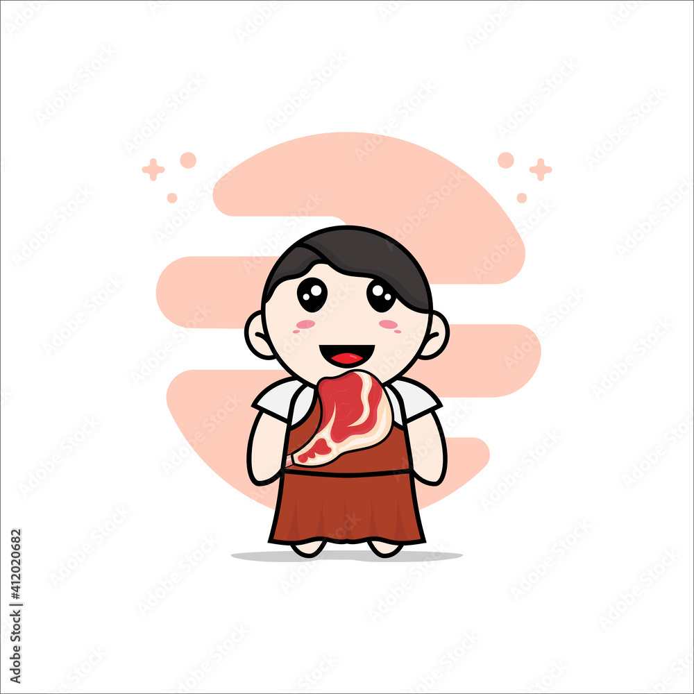 Cute girl character holding a meat. Cute girl character holding a meat.