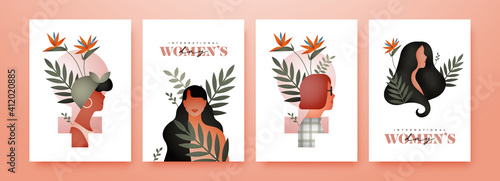 Women's Day diverse woman tropical nature card set