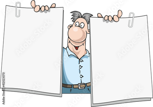 A satisfied man holds two blank sheets of paper in his hands. Place for your advertisement. Hand-drawn man isolated on white background. Flat infographics. Vector illustration in cartoon style.