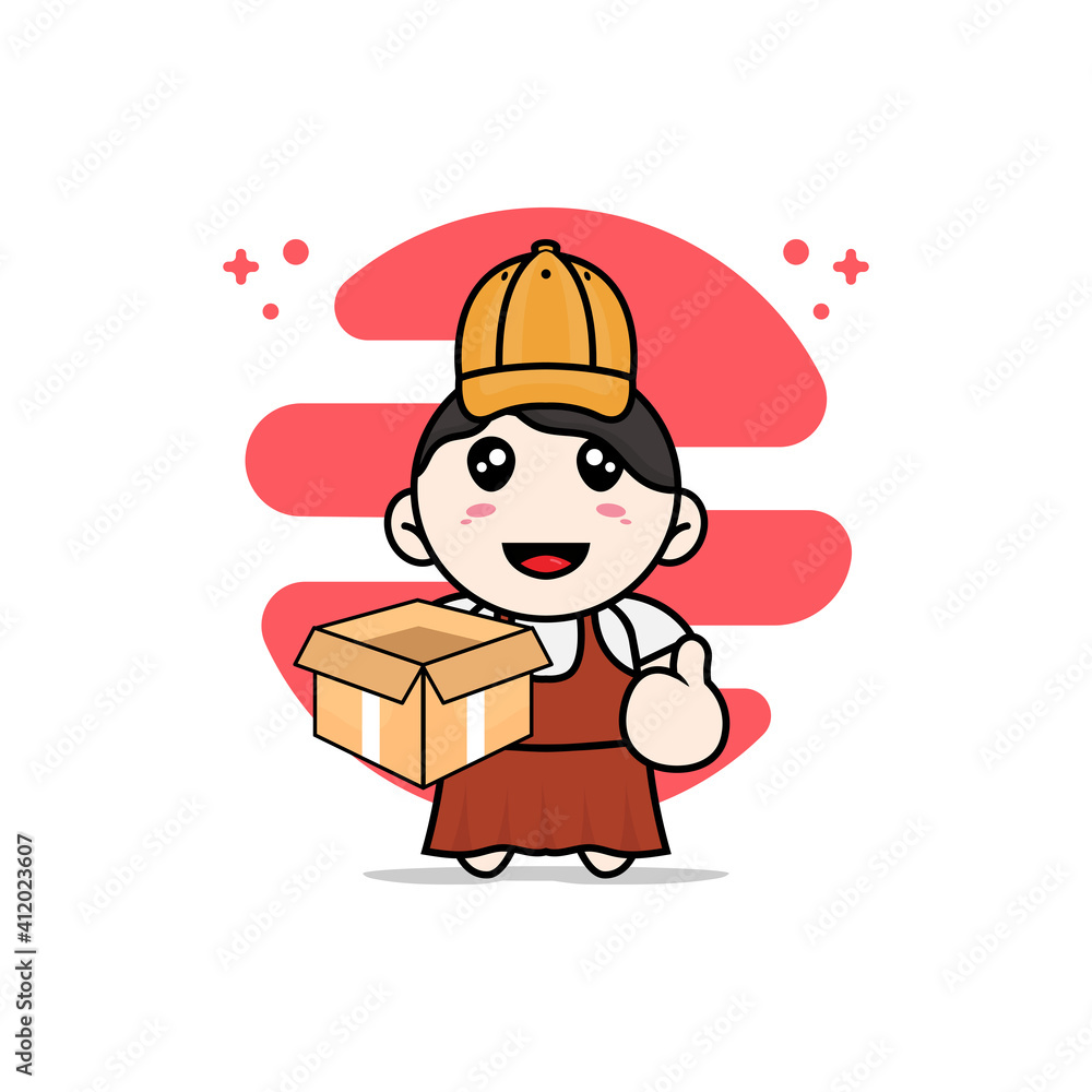 Cute girl character wearing delivery boy costume. Cute girl character wearing delivery boy costume.