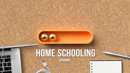 stylized loading bar with text HOME SCHOOLING LOADING surrounded by a notebook, laptop and a pen on cork background