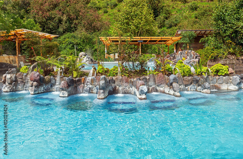 Papallacta hot spring spa pools with hydro neck and spine massage near Quito, Ecuador.