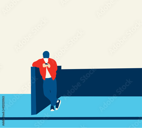 Men holding mobile phone in hands at the street with a happy smile. Good spending time in his city. Online communication concept banner. 