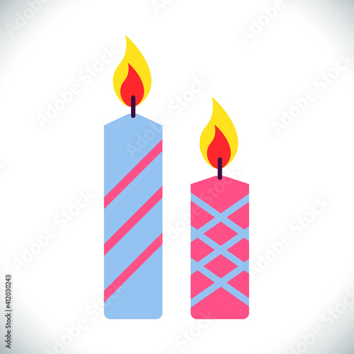 Two burning candles set, blue and pink, pastel colors, with stripes. Cute simple icons. Single flat icon on white background. Flat vector illustration