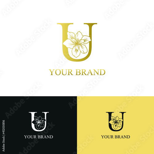 Golden Luxury Initial letter U with February Iris flower for cosmetic, Jewelry, boutique, hotel, resort, florist, beauty spa salon logo concept vector