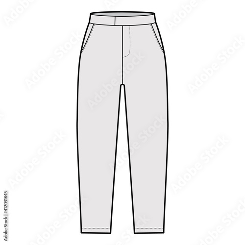 Short capri pants technical fashion illustration with mid-calf length, normal waist, high rise, slashed, flap pocket. Flat breeches bottom template front, grey color style. Women, men CAD mockup