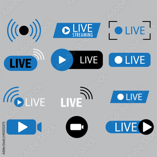 Streaming blue icon. Flat template with live stream icons. Internet broadcast. Live webinar button. Stock image. EPS 10.