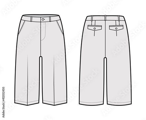 Short Bermuda pants technical fashion illustration with knee length, low waist, rise, slashed pocket. Flat walking bottom template front, back, grey color style. Women, men unisex CAD mockup