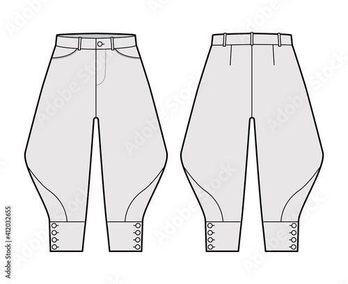 Riding breeches short pants technical fashion illustration with knee length, low waist, rise, curved pocket, buttoned. Flat bottom template front, back, grey color style. Women, men CAD mockup