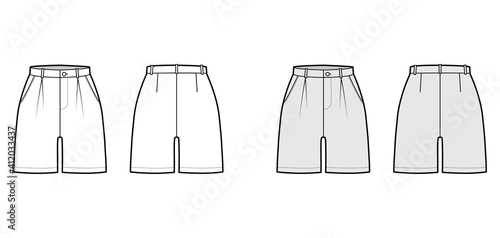 Short pants technical fashion illustration with mid-thigh length, single pleat, normal waist, high rise, slashed pocket. Flat bottom template front, back, white grey color style. Women, men CAD mockup