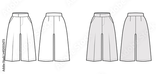 Short Bermuda dress pants technical fashion illustration with knee length, normal waist, high rise, slashed pocket. Flat bottom template front, back, white grey color style. Women, men CAD mockup