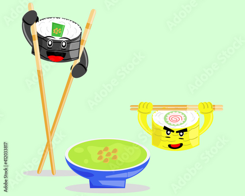 Illustration vector graphic cartoon character of japanese food, seaweed sushi want wasabi sauce