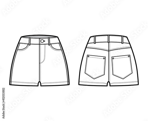 Denim hot short pants technical fashion illustration with micro length, normal waist, high rise, coin, angled 5 pockets. Flat bottom template front, back, white color style. Women, unisex CAD mockup