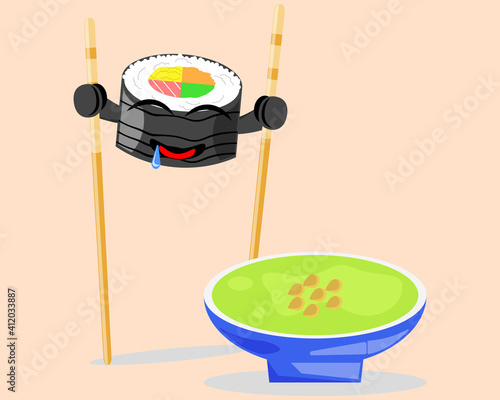 Illustration vector graphic cartoon character of japanese food, balck seaweed sushi climbs on chopsticks to jump into the wasabi sauce