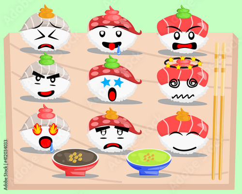 Illustration vector graphic cartoon character of japanese food of sushi set with tuna, octopus, and salmon fresh plus soy and wasabi sauce in minimalist style plate