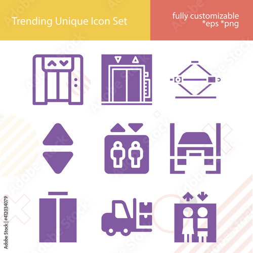 Simple set of elevator car related filled icons.