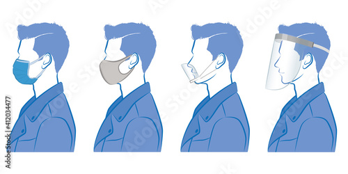 男性の横顔のイラスト. ウイルスの感染対策.