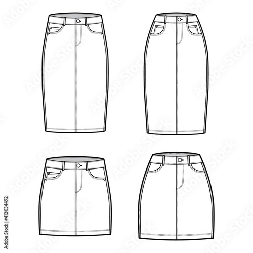 Set of Denim skirts technical fashion illustration with mini, knee length, low high waist rise, 5 pockets, fitted body. Flat bottom template front, white color style. Women, men, unisex CAD mockup