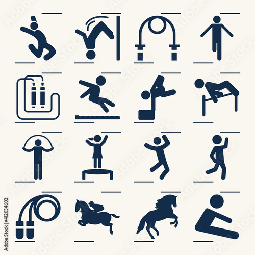 Simple set of broad jump related filled icons.