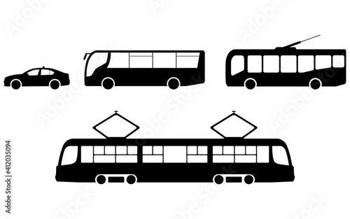 Vector set of trolleybus, bus, tram, taxi icons. Vector city transport icon in flat style. City transport icon in black. Public transport icon. Vector illustration.