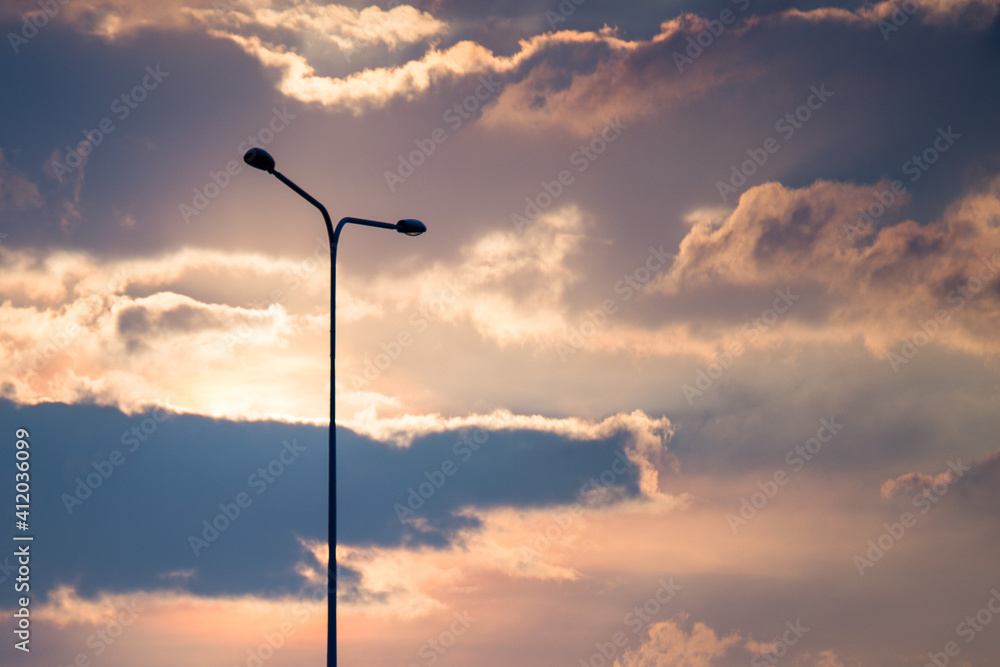 Street lamp on evening blue sky and clouds background  and copy space