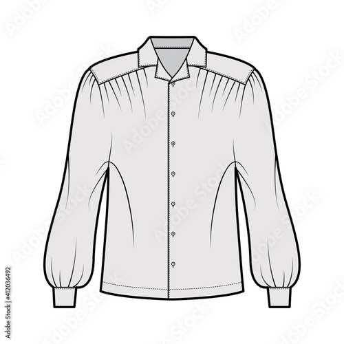 Gaucho blouse technical fashion illustration with dolman puff long sleeves, open collar, oversized, button up. Flat apparel top template front, grey color. Women, men unisex CAD mockup
