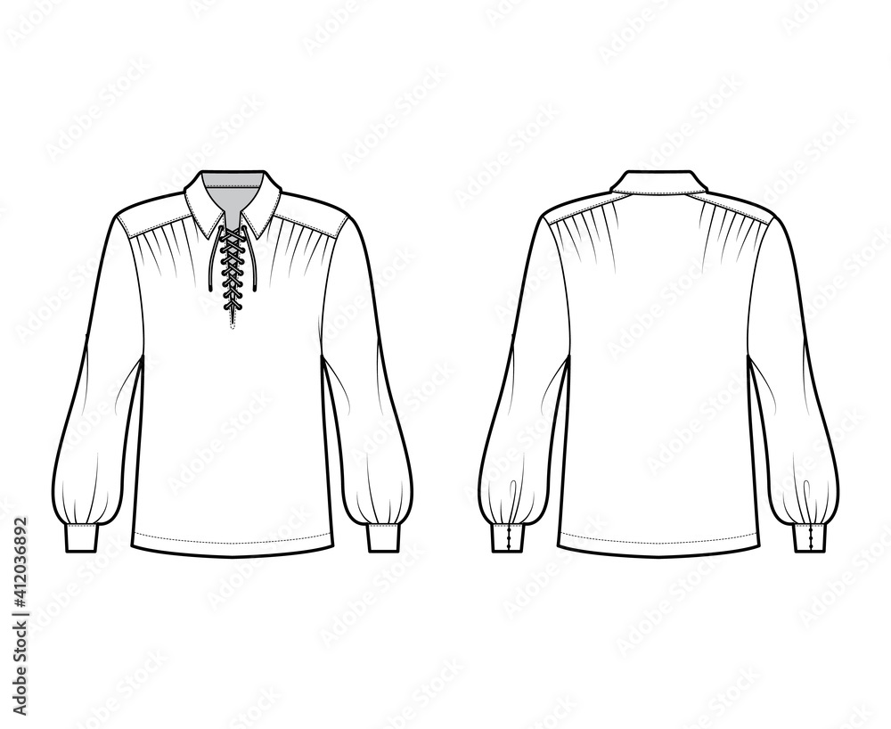 Pirate blouse technical fashion illustration with bouffant long sleeves, poet lacing collar, oversized, tunic length. Flat apparel top template front, back, white color. Women, men unisex CAD mockup - obrazy, fototapety, plakaty 