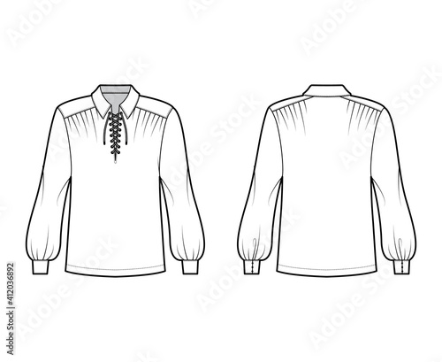 Pirate blouse technical fashion illustration with bouffant long sleeves, poet lacing collar, oversized, tunic length. Flat apparel top template front, back, white color. Women, men unisex CAD mockup