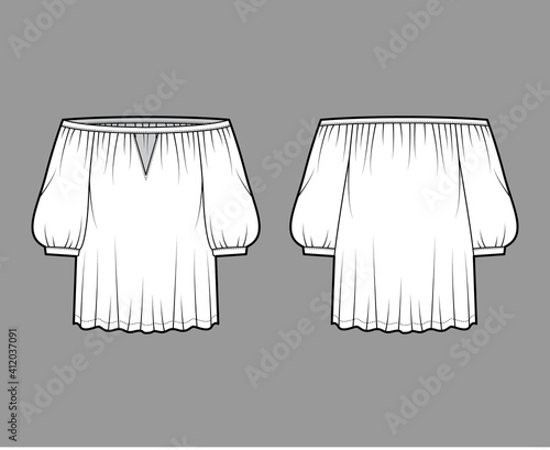 Off-the-shoulder blouse Bardot technical fashion illustration with bouffant elbow sleeves, oversized. Flat apparel top template front, back, white color. Women, men unisex CAD mockup