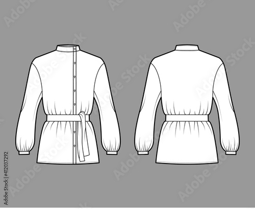 Cossack blouse technical fashion illustration with tie, bouffant long sleeves, stand collar, oversized, button up. Flat apparel top template front, back, white color. Women men unisex CAD mockup